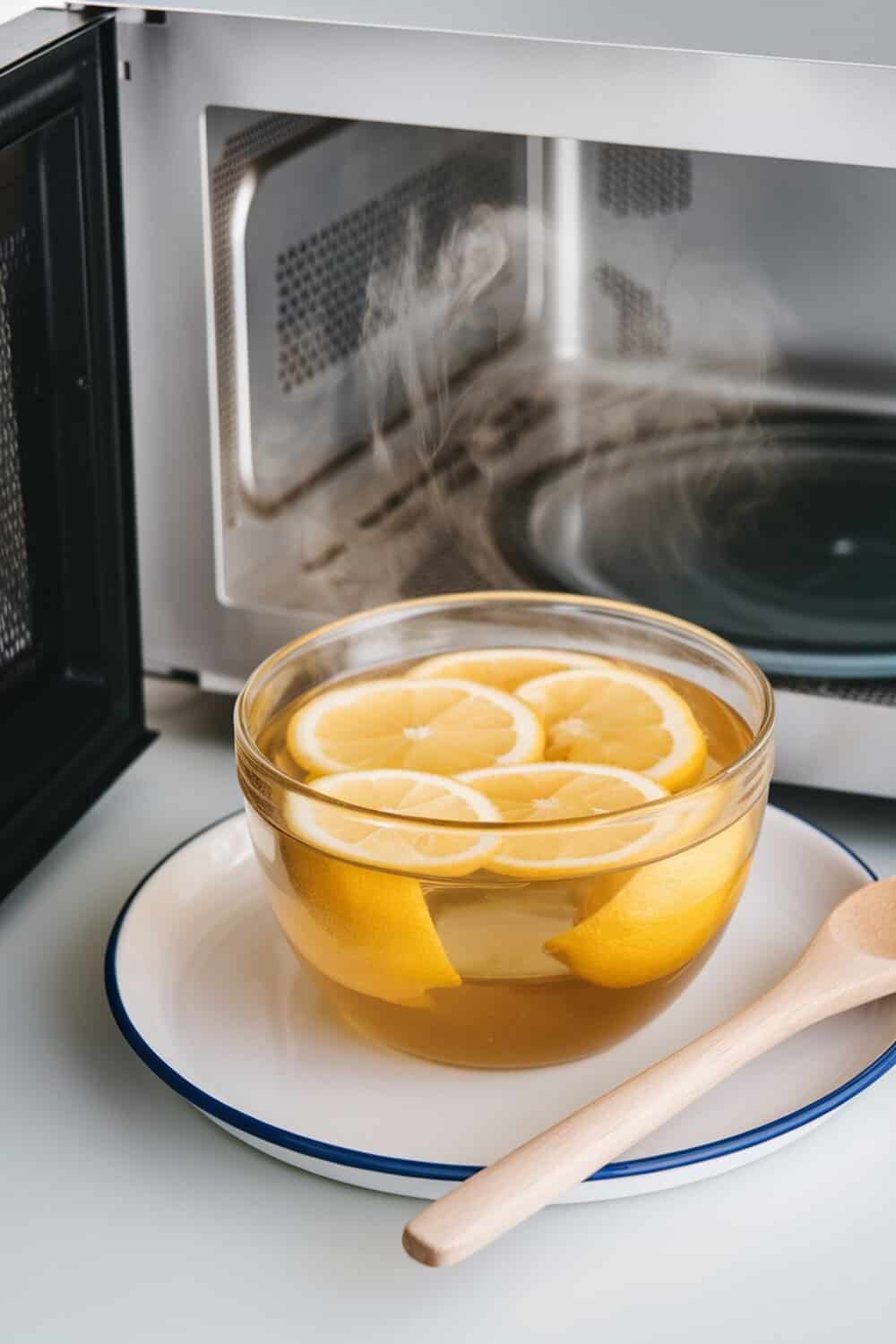 A bowl of lemon slices in water inside a microwave, with steam rising.
