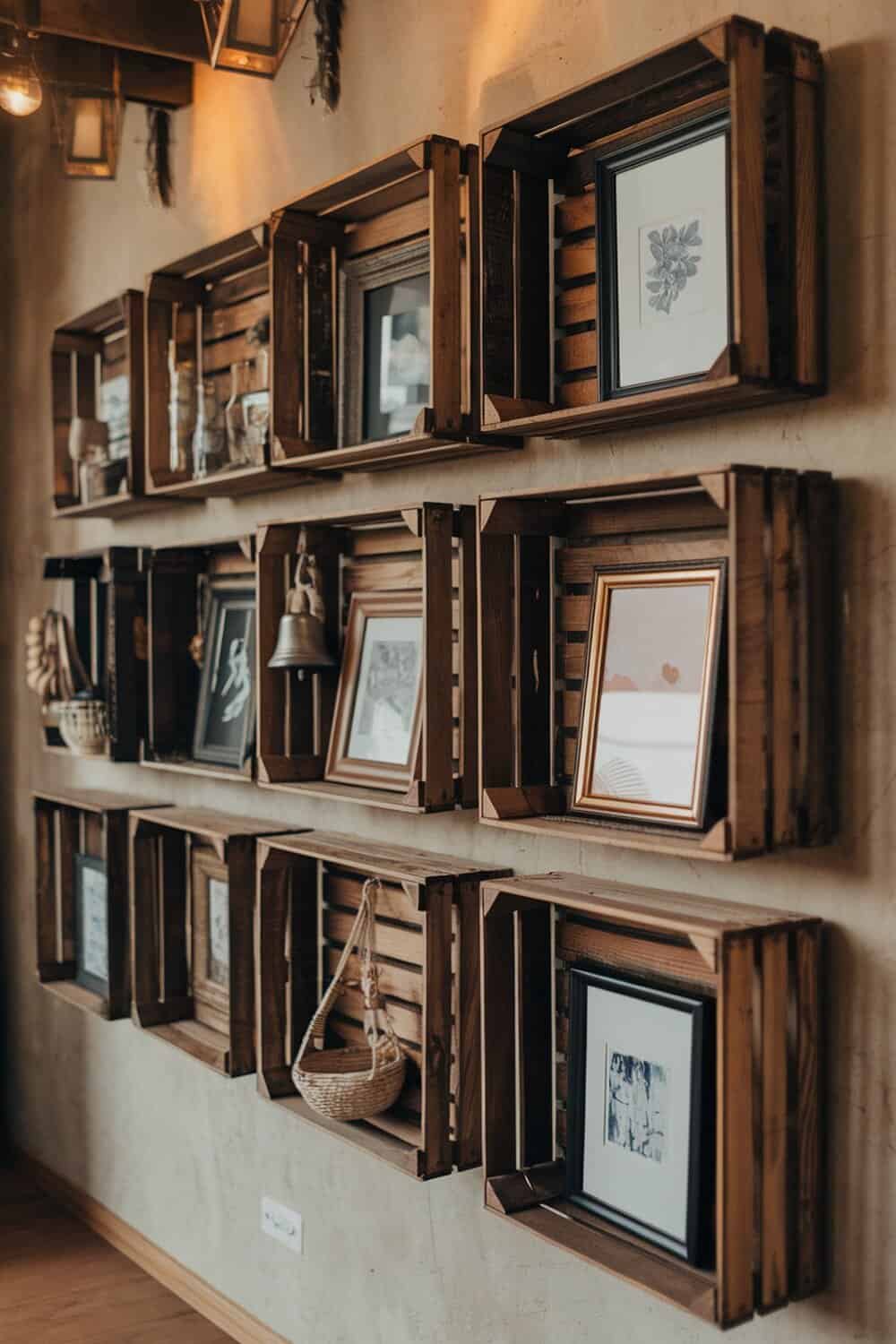 Wooden crates arranged on a wall displaying framed pictures and decorative items.