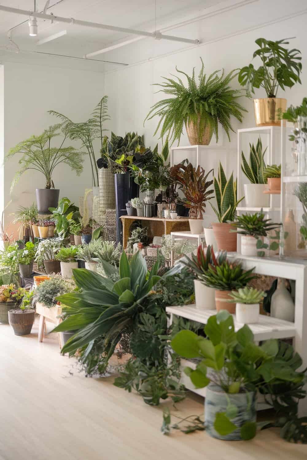 A variety of indoor plants displayed in a bright room.