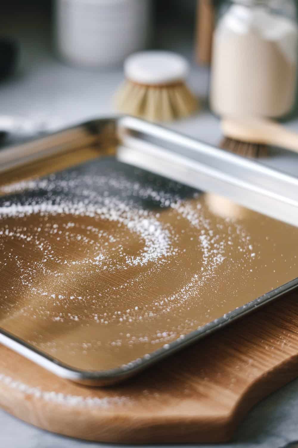 A shiny cookie sheet with cornstarch sprinkled on it, ready for polishing.