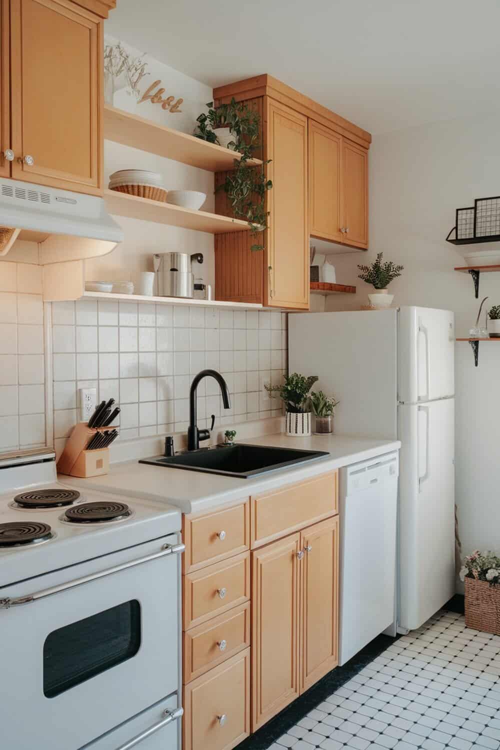 A compact kitchen with wooden cabinets, open shelves, and a clean countertop.