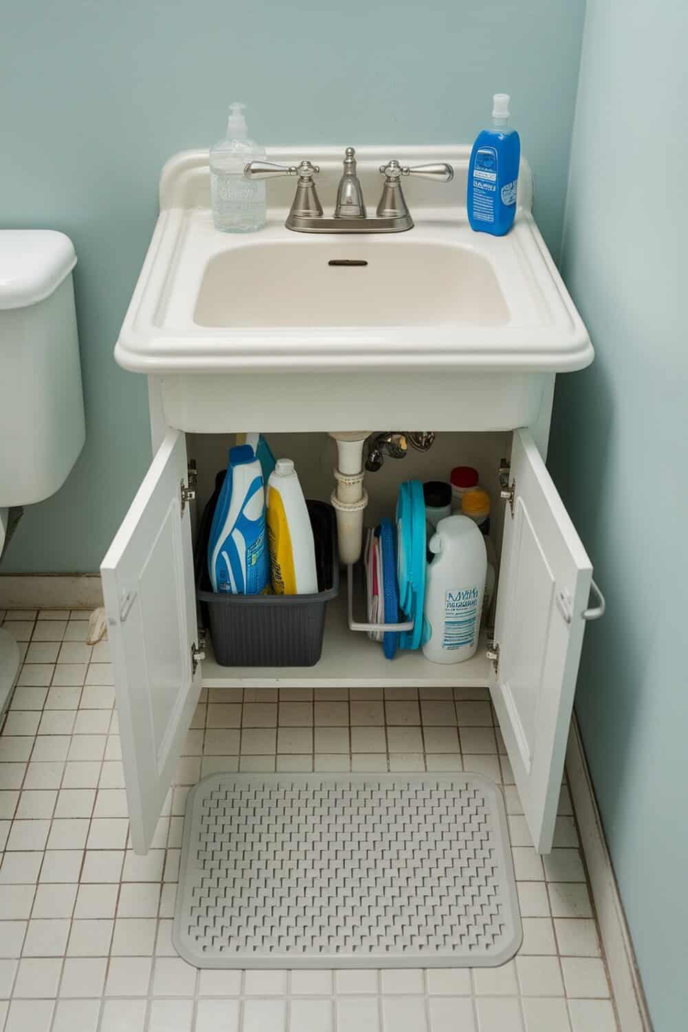 Under-sink storage with cleaning supplies organized in bins.