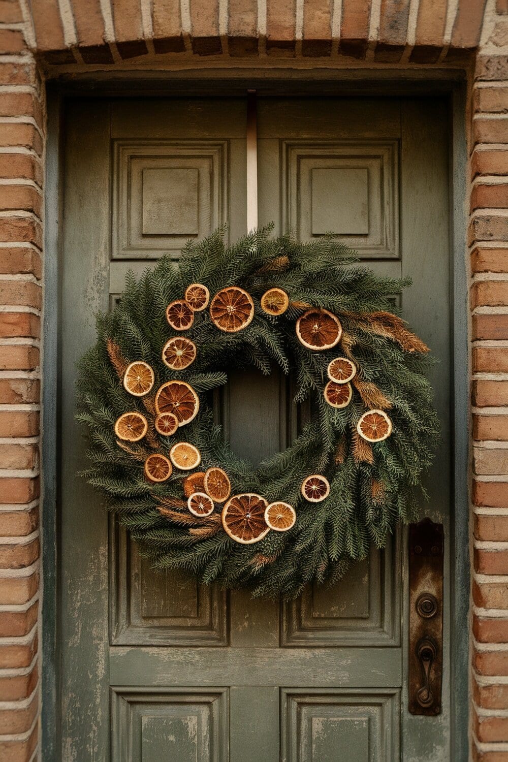 A beautiful evergreen wreath adorned with dried citrus slices hanging on a green door.