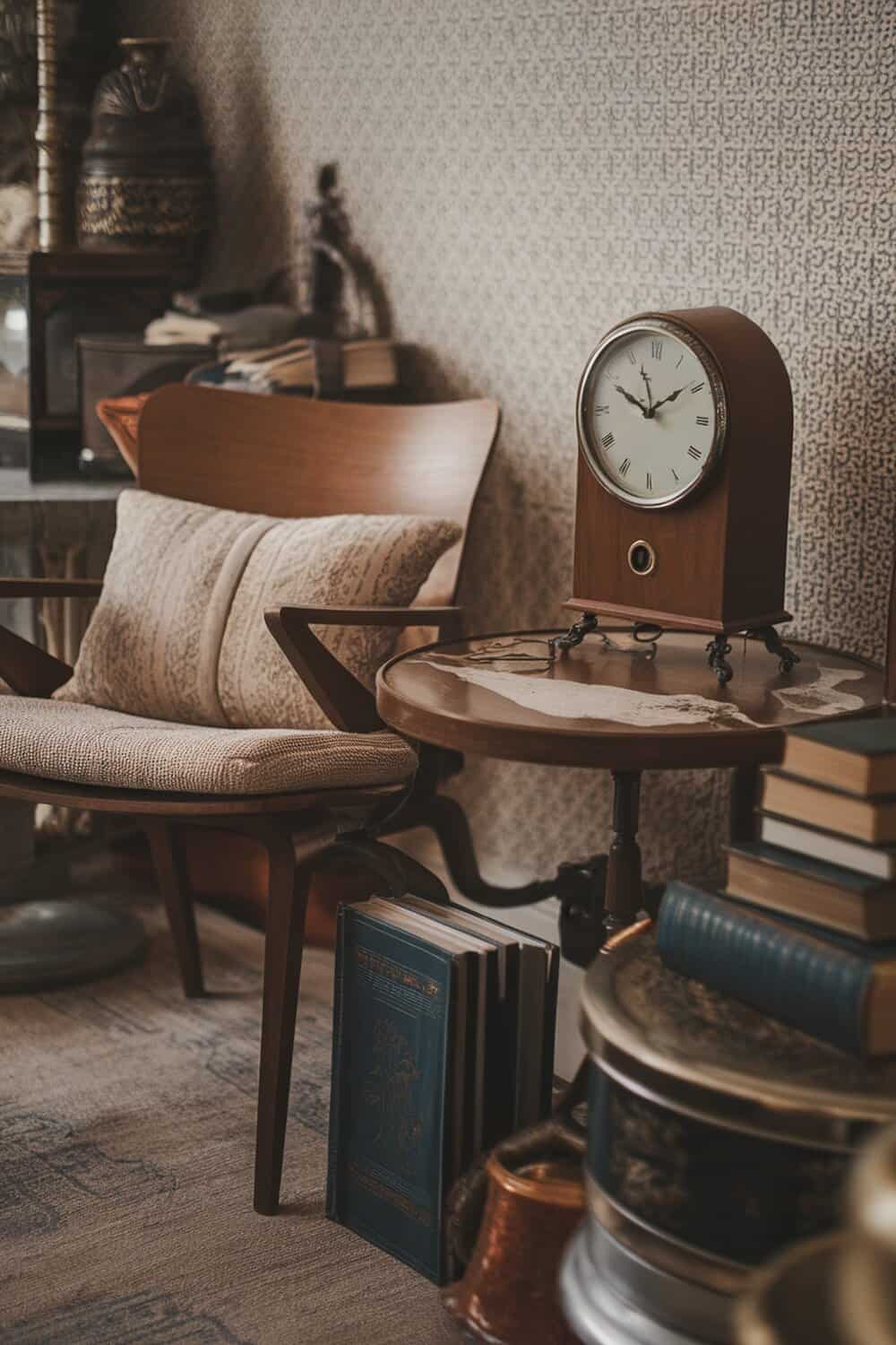A cozy vintage corner featuring a wooden chair, a classic clock, and stacks of books.