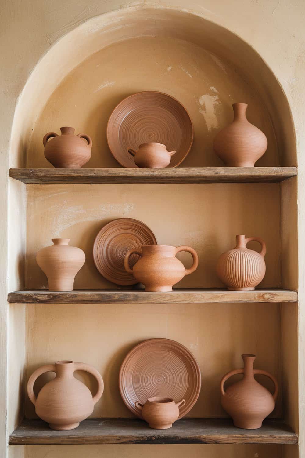 Shelves displaying various artisan pottery pieces in earthy tones.