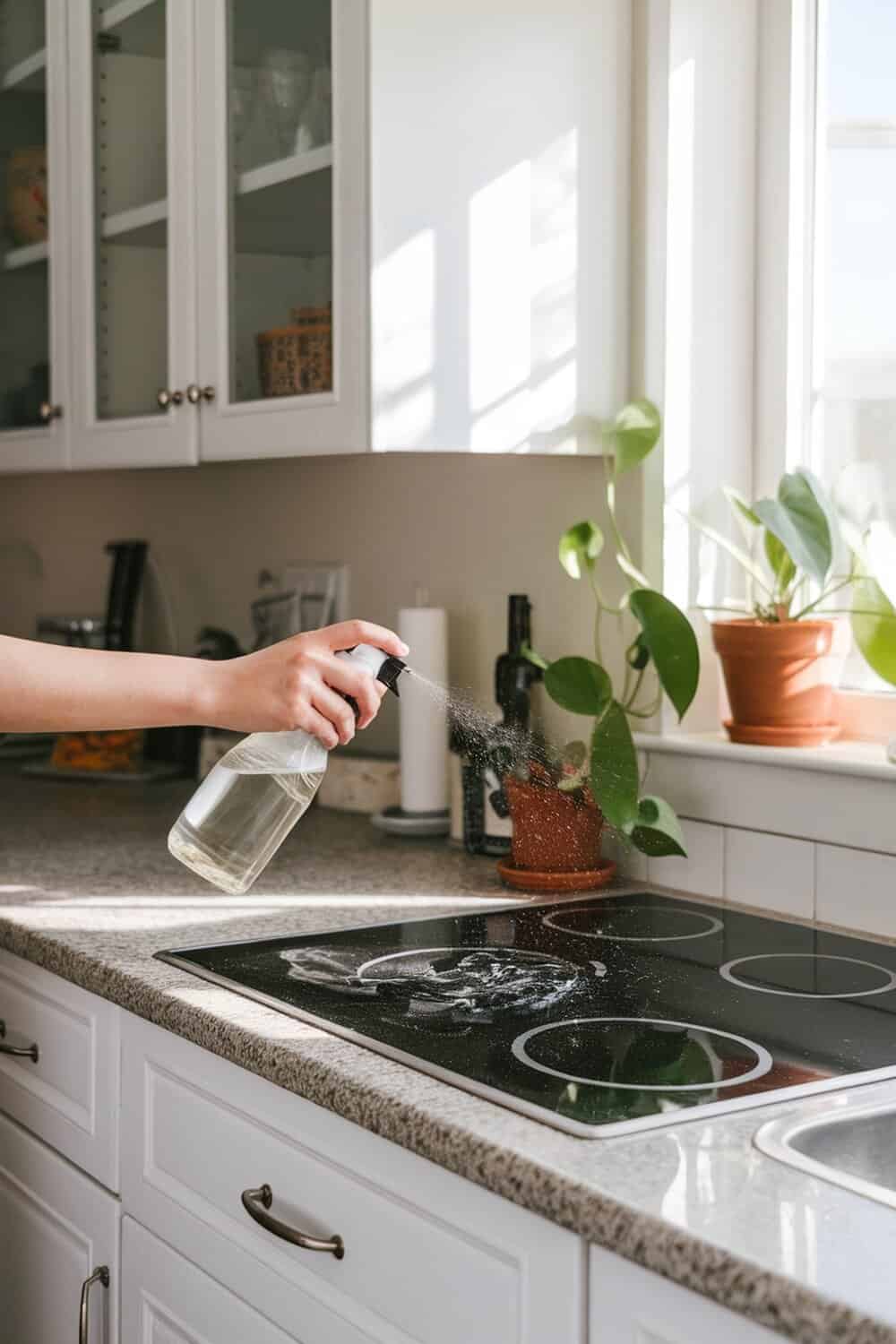 A person spraying a homemade cleaning solution on a kitchen countertop.