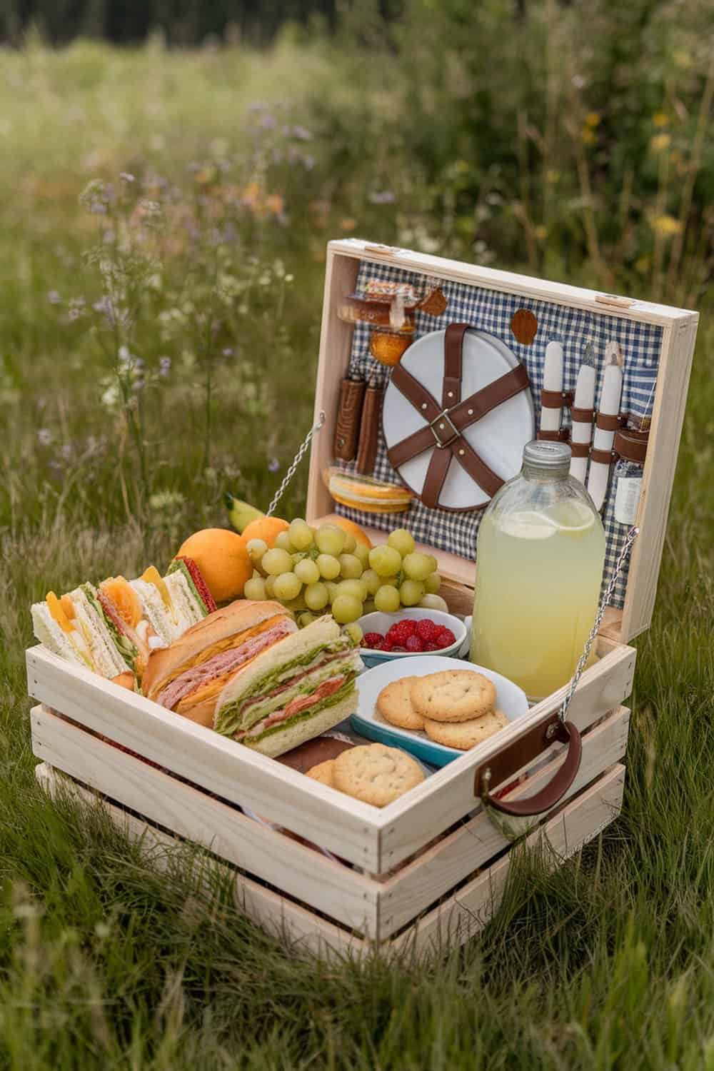 A portable picnic basket made from a wood crate, filled with sandwiches, fruits, cookies, and a drink, set in a grassy field.