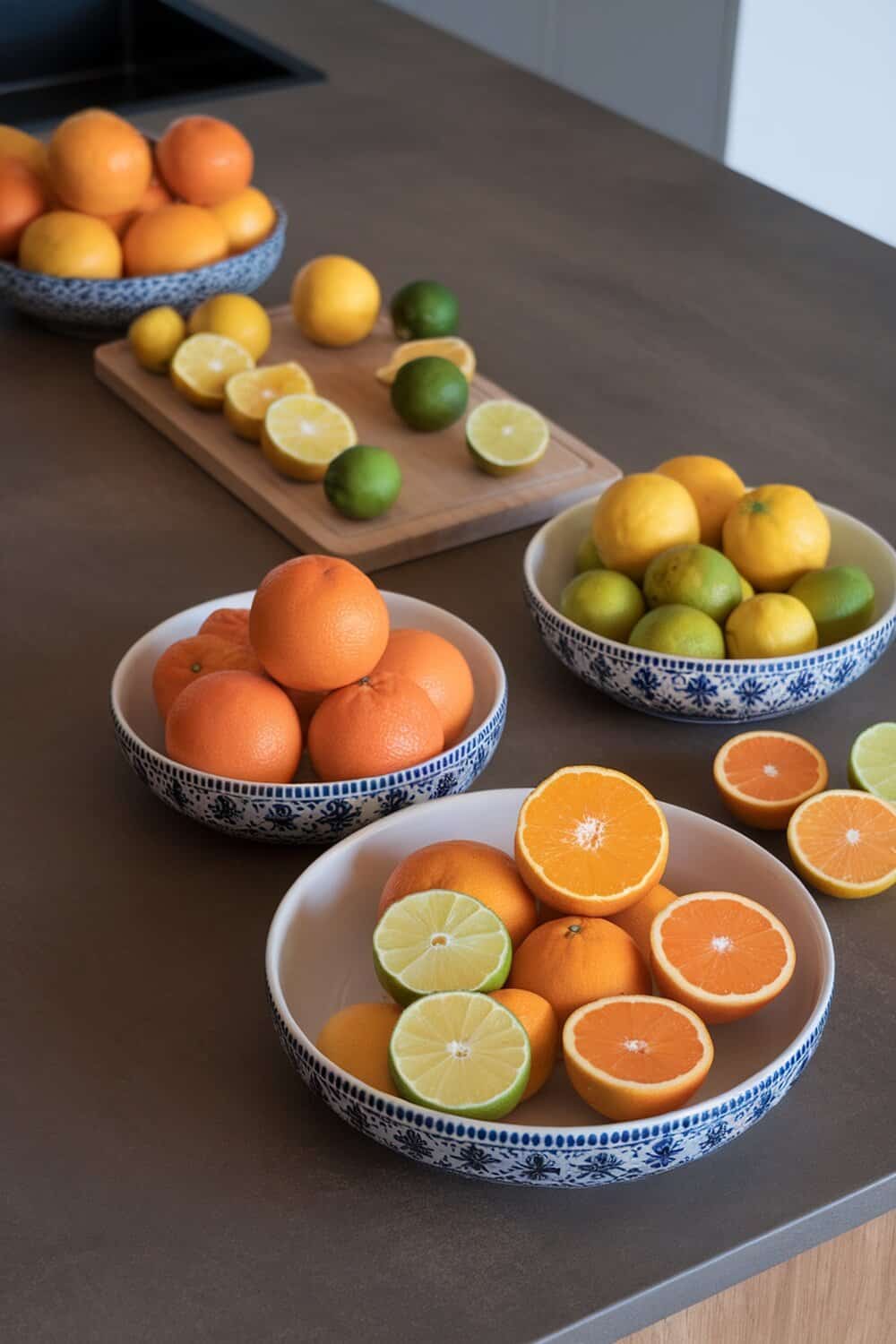 A collection of citrus fruits including oranges, lemons, and limes in decorative bowls on a kitchen counter.
