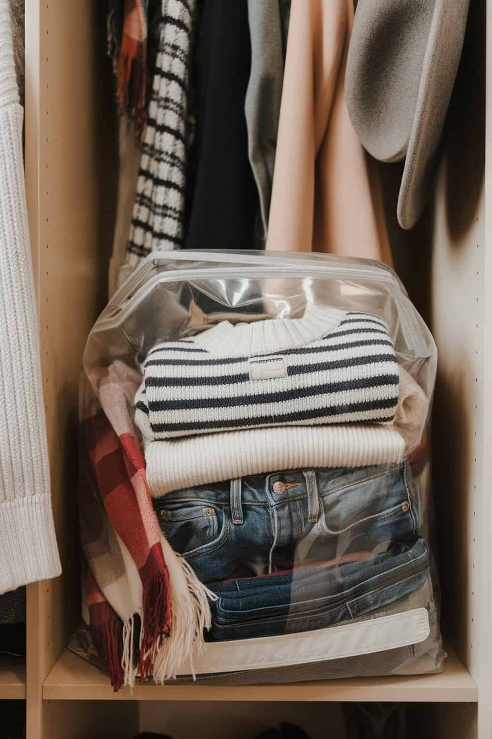 Clear plastic bags storing folded clothes in a closet.