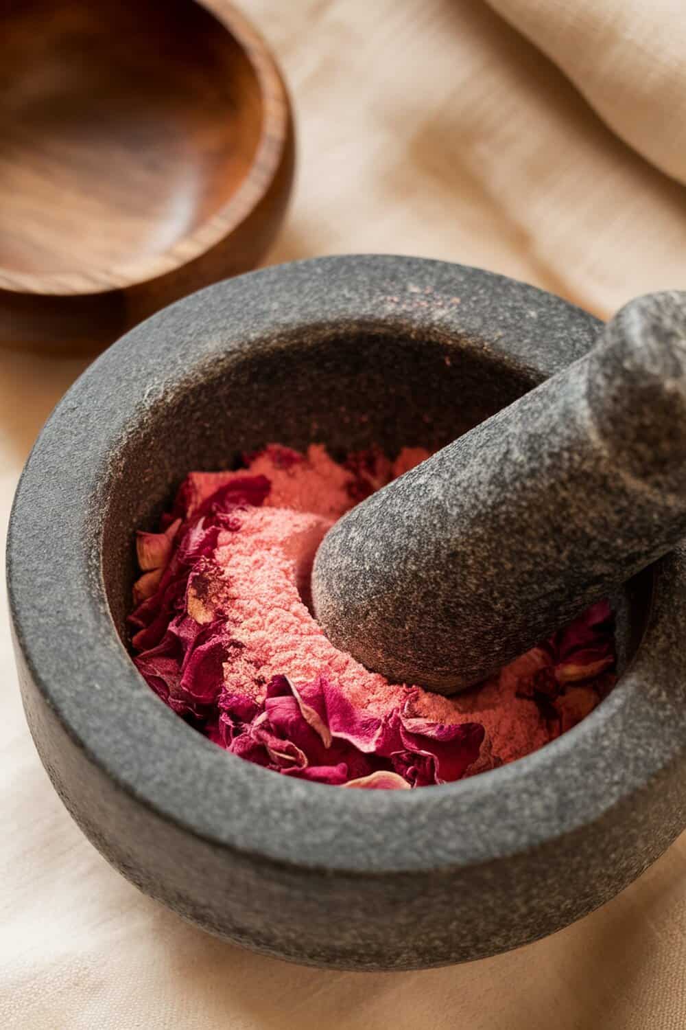 A mortar and pestle with rose petal powder and dried rose petals.