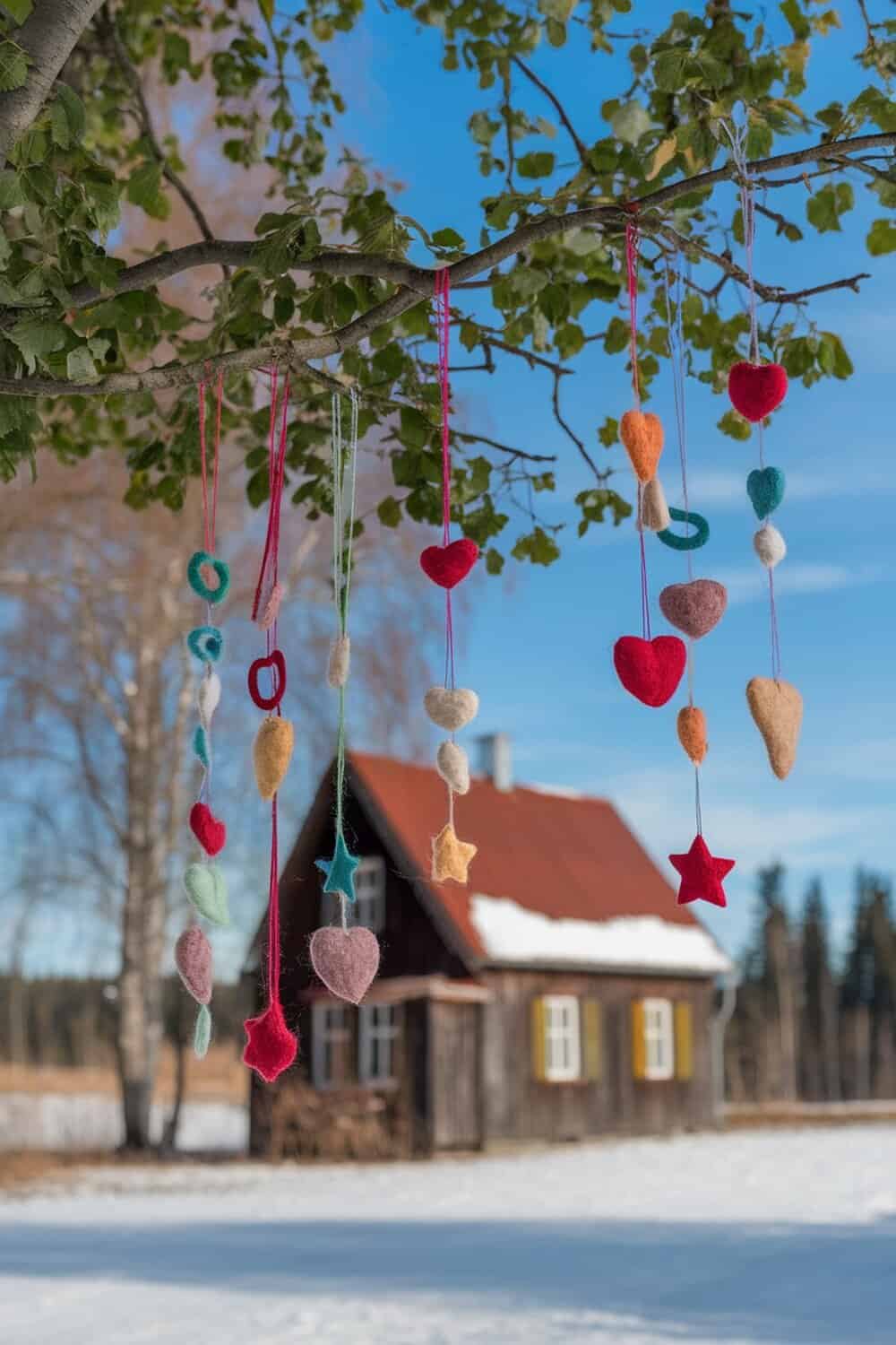 Colorful felted wool decorations hanging from a tree branch.