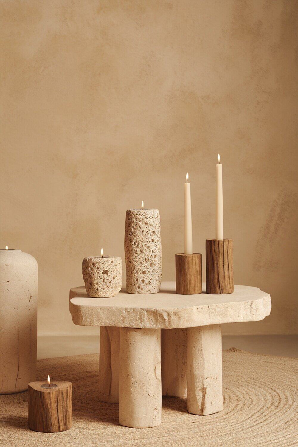 A collection of natural candle holders made from stone and wood, arranged on a textured table.