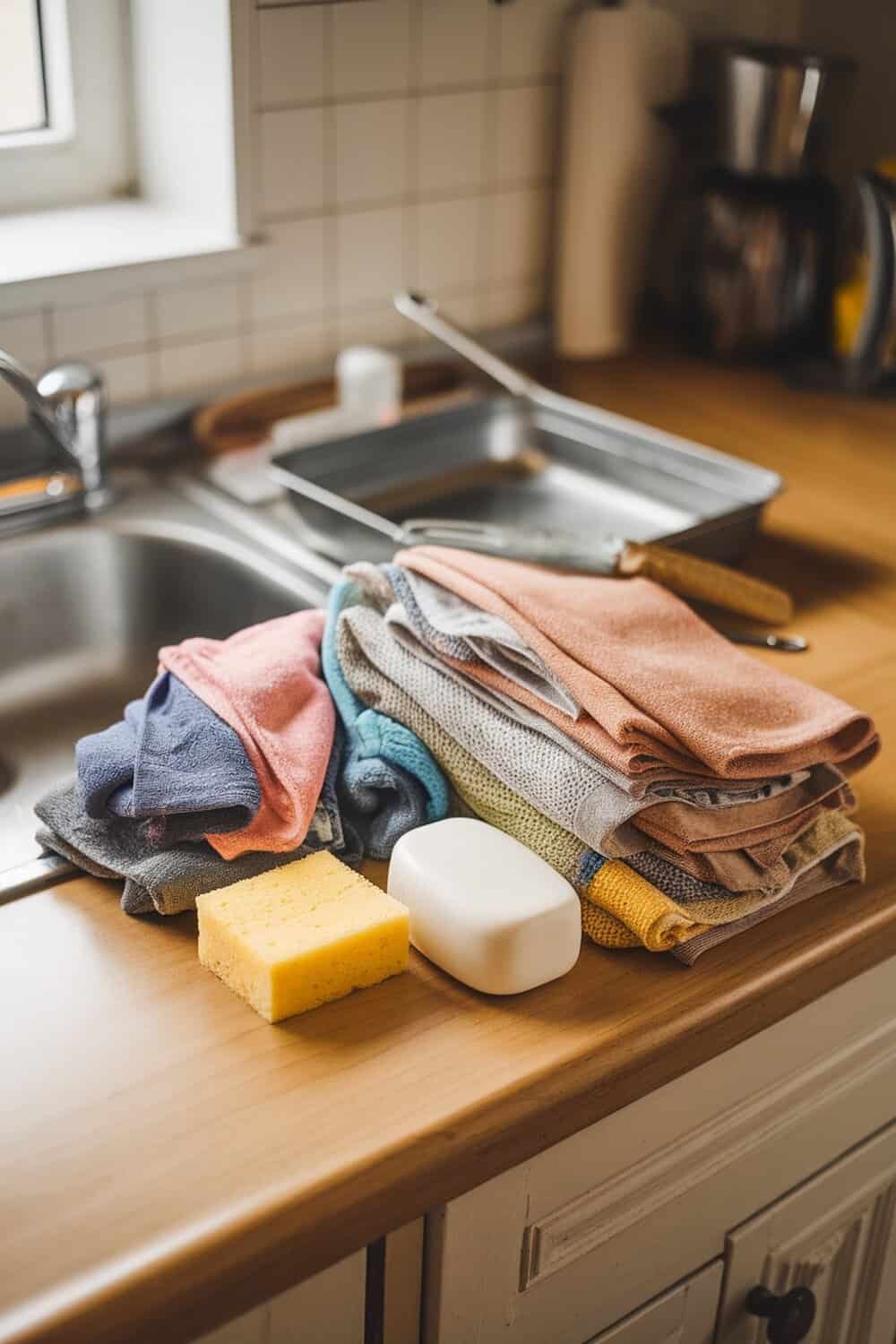 A stack of colorful cleaning rags and sponges on a kitchen counter.