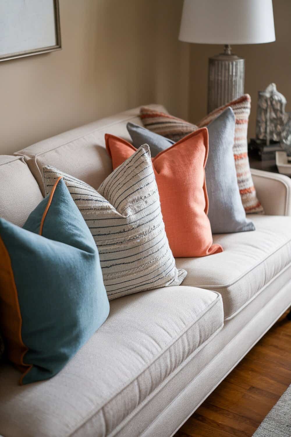 A cozy sofa adorned with various textured throw pillows in different colors and patterns.