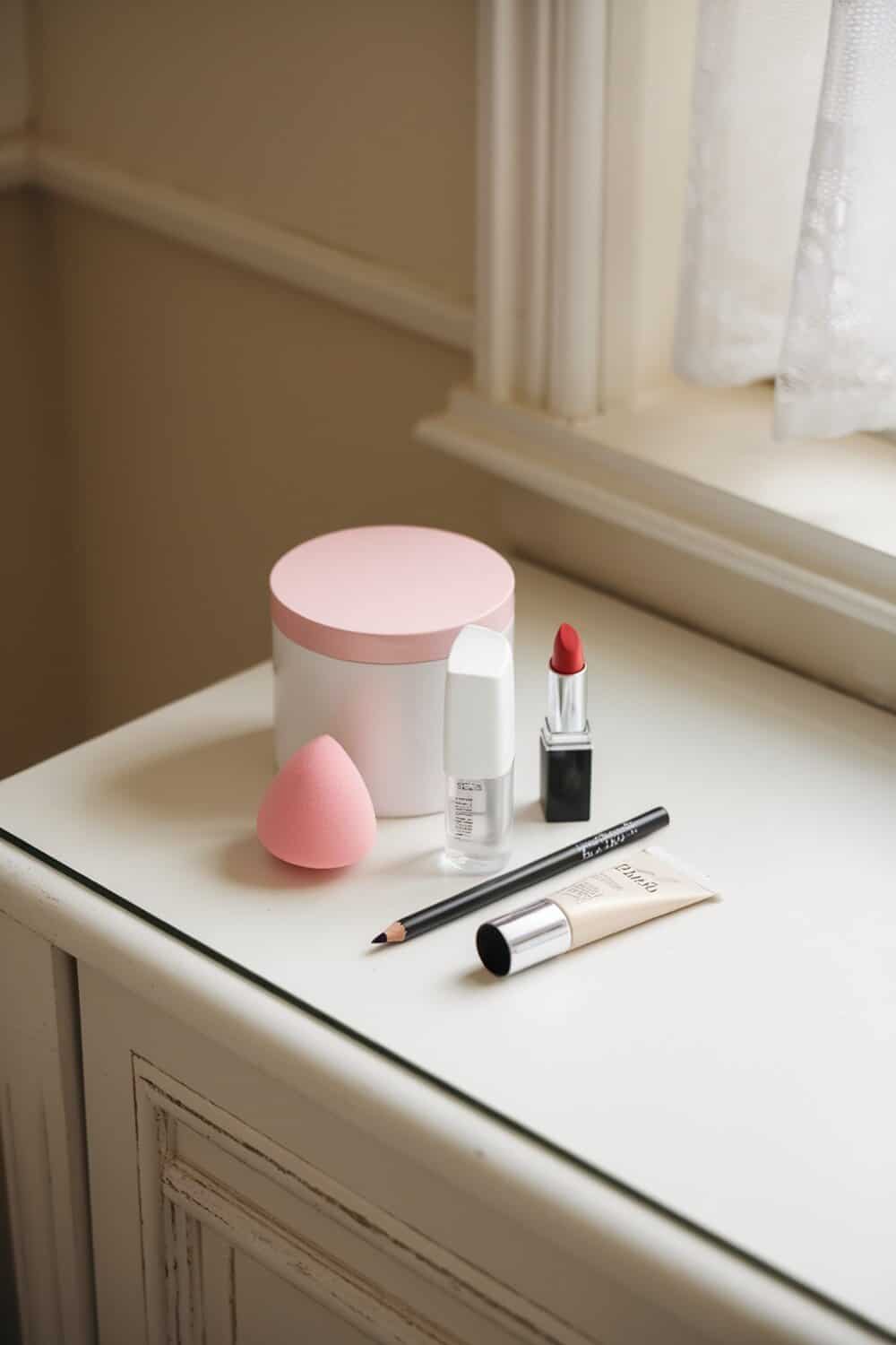 A collection of makeup items including a pink beauty sponge, lipsticks, and skincare products on a white surface.