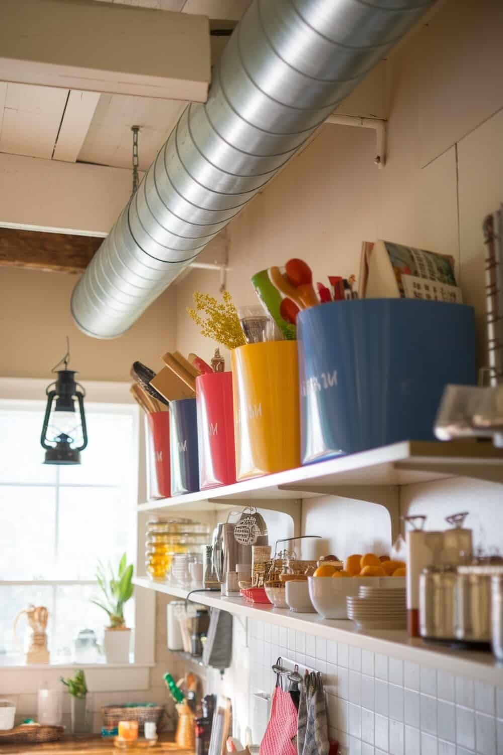 Colorful totes on a kitchen shelf, storing seasonal items.