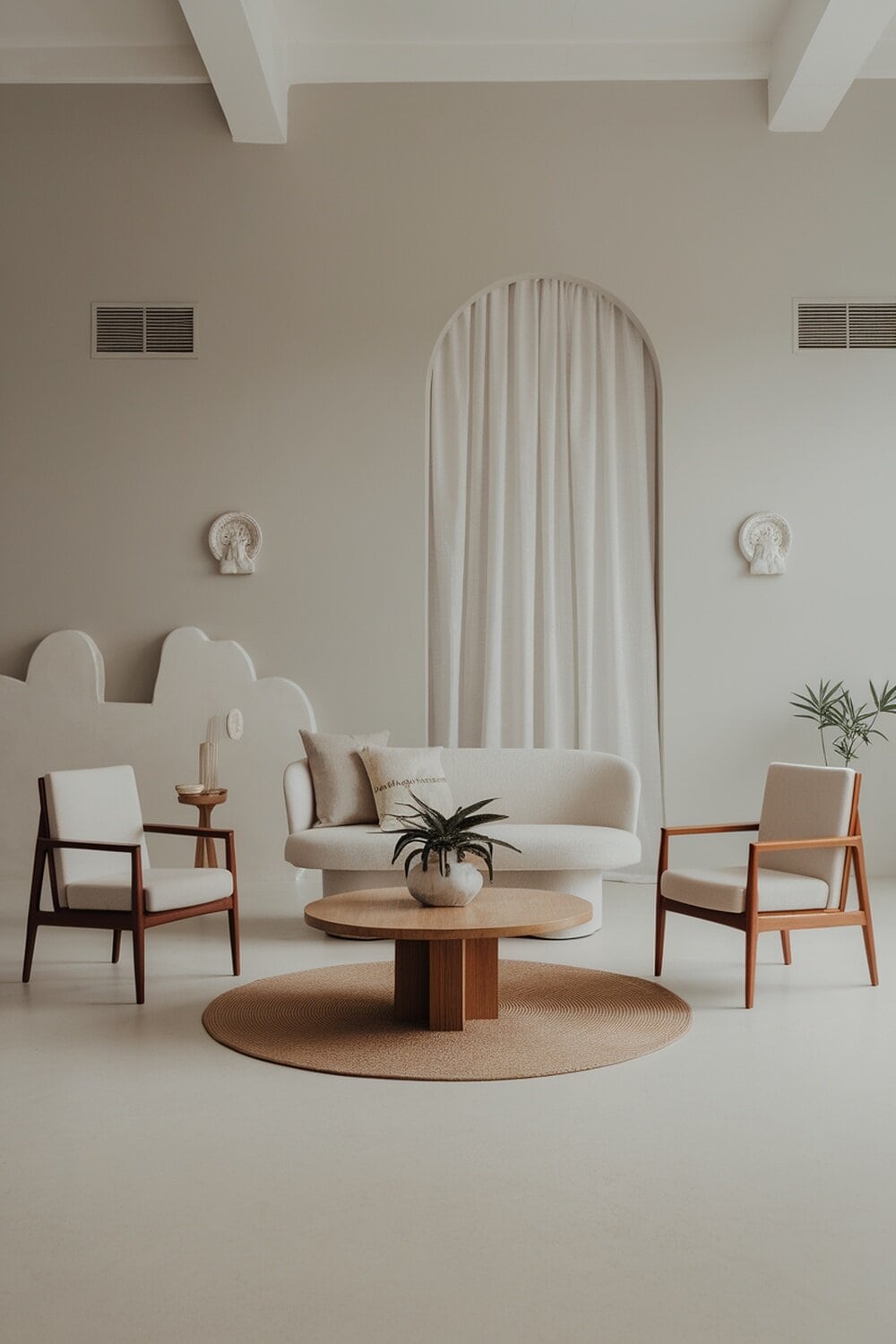 A minimalist living room featuring a light-colored sofa, wooden chairs, and a round coffee table.