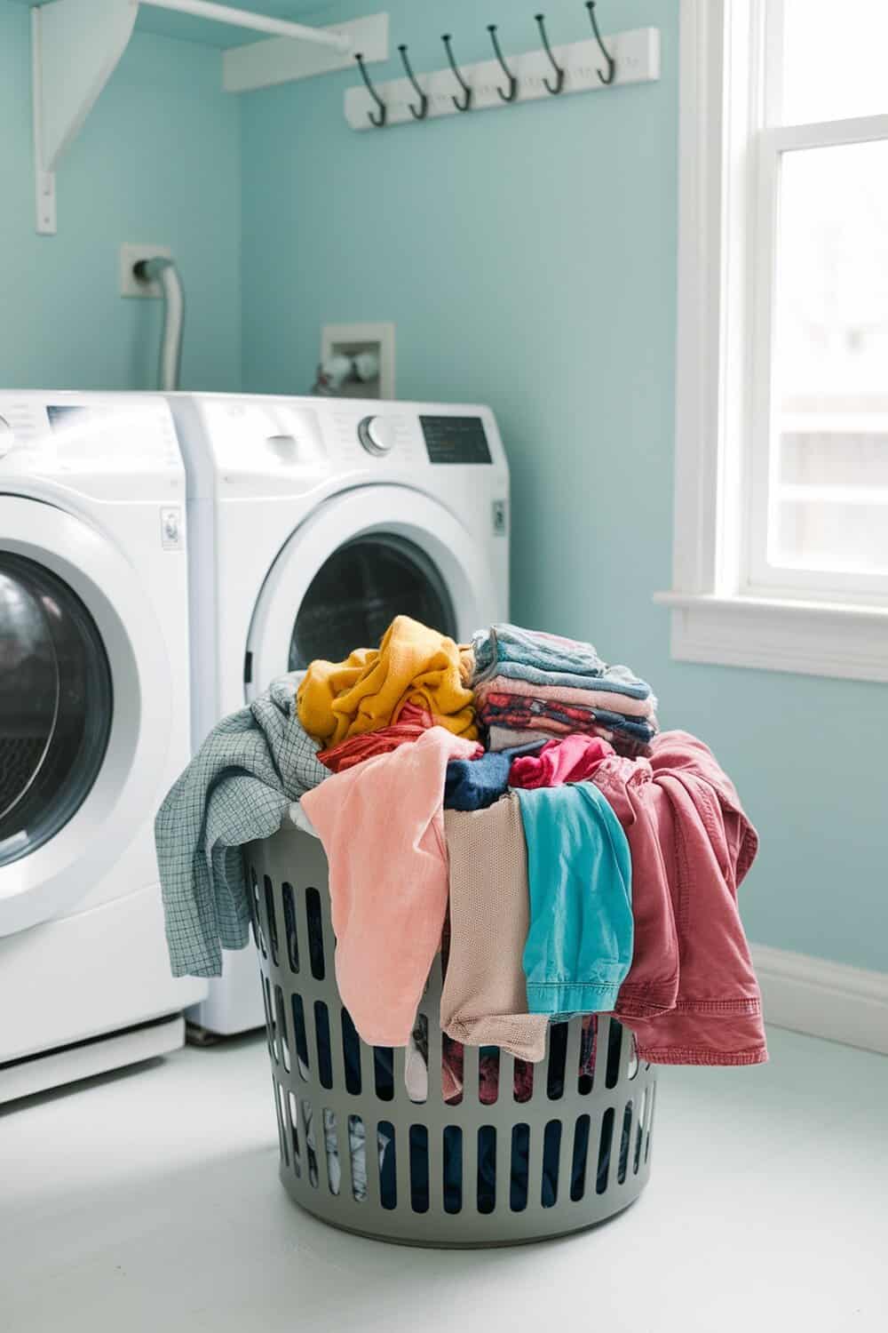 A laundry basket filled with colorful clothes next to a washing machine.