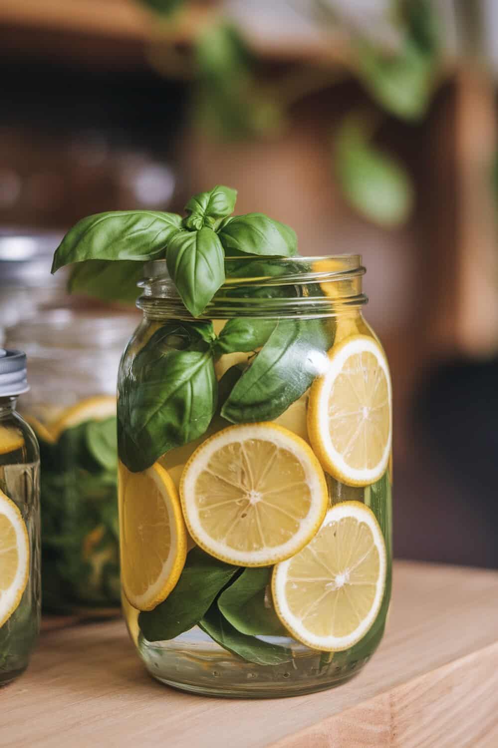 A jar filled with fresh basil leaves and lemon slices.