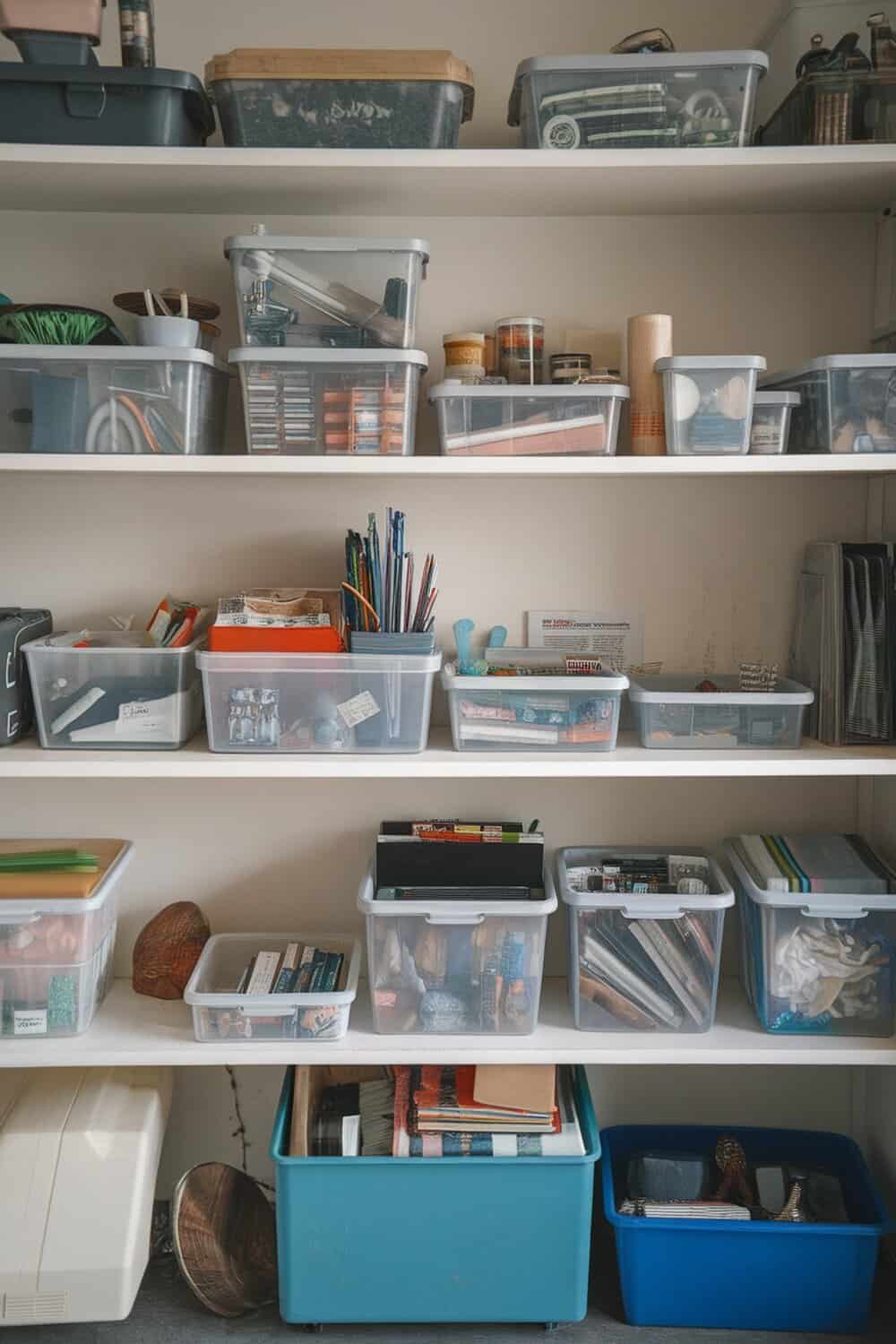 Shelves filled with organized plastic containers holding various small items.