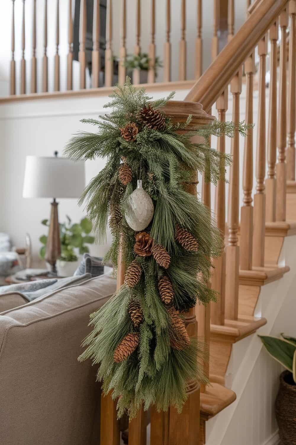 A beautiful pine needle garland with pine cones, draped elegantly on a staircase railing.