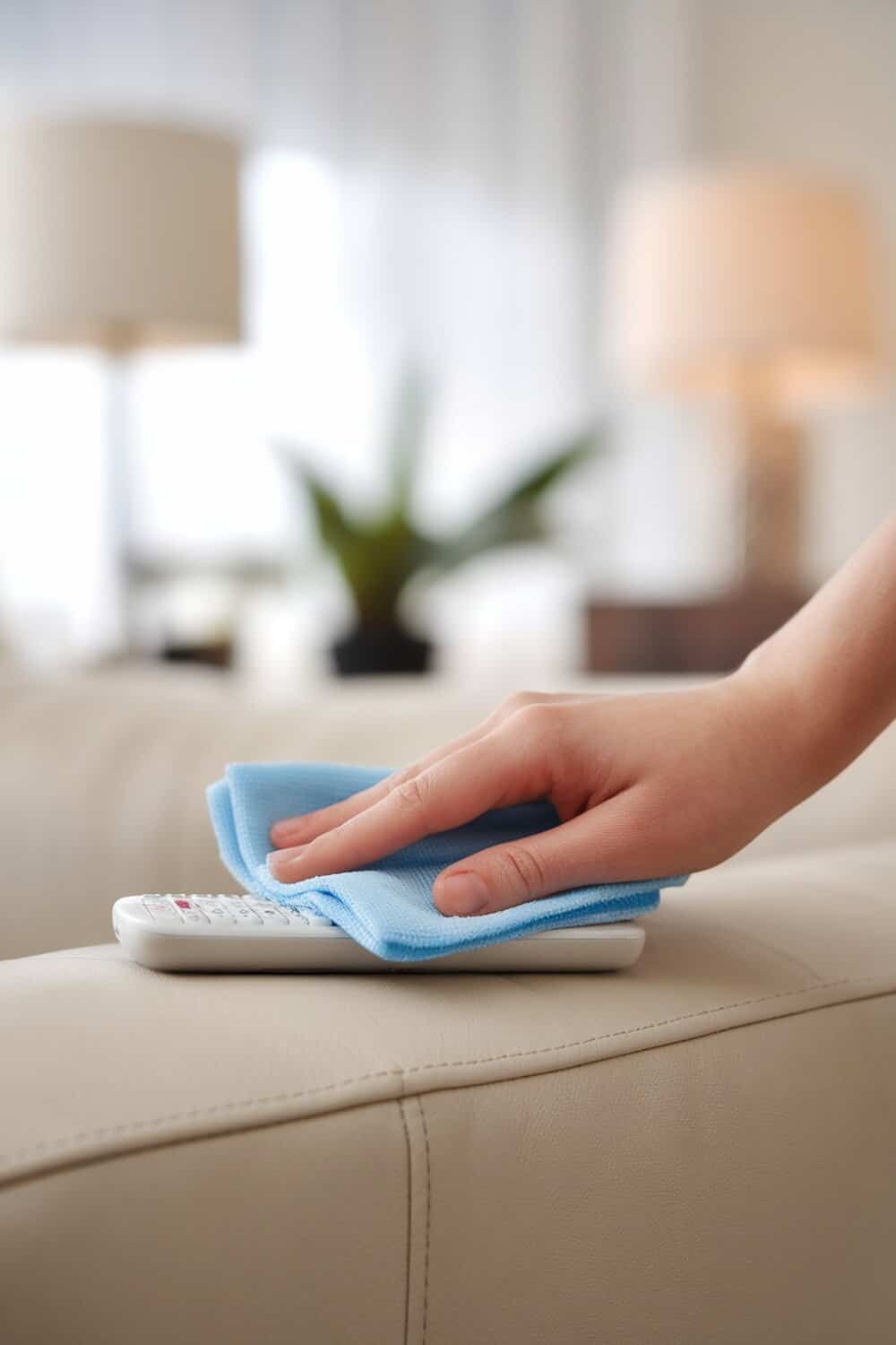 A hand cleaning a remote control with a blue cloth on a beige couch.