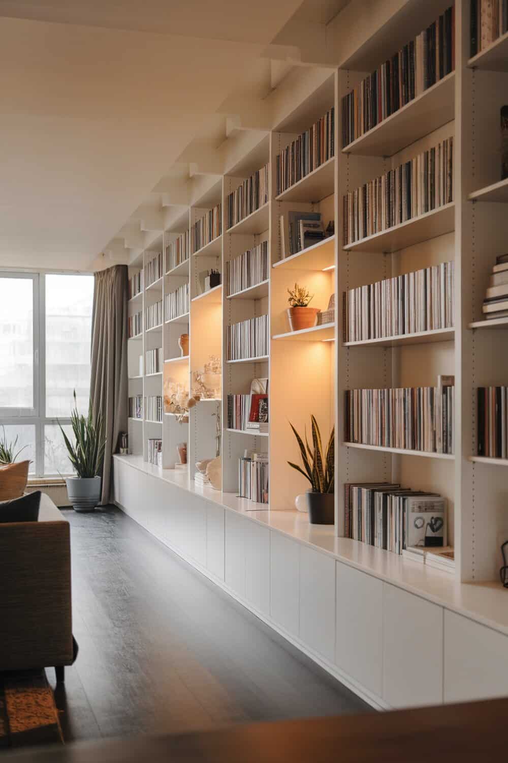 A modern living room featuring built-in bookcases filled with books and decorative items.