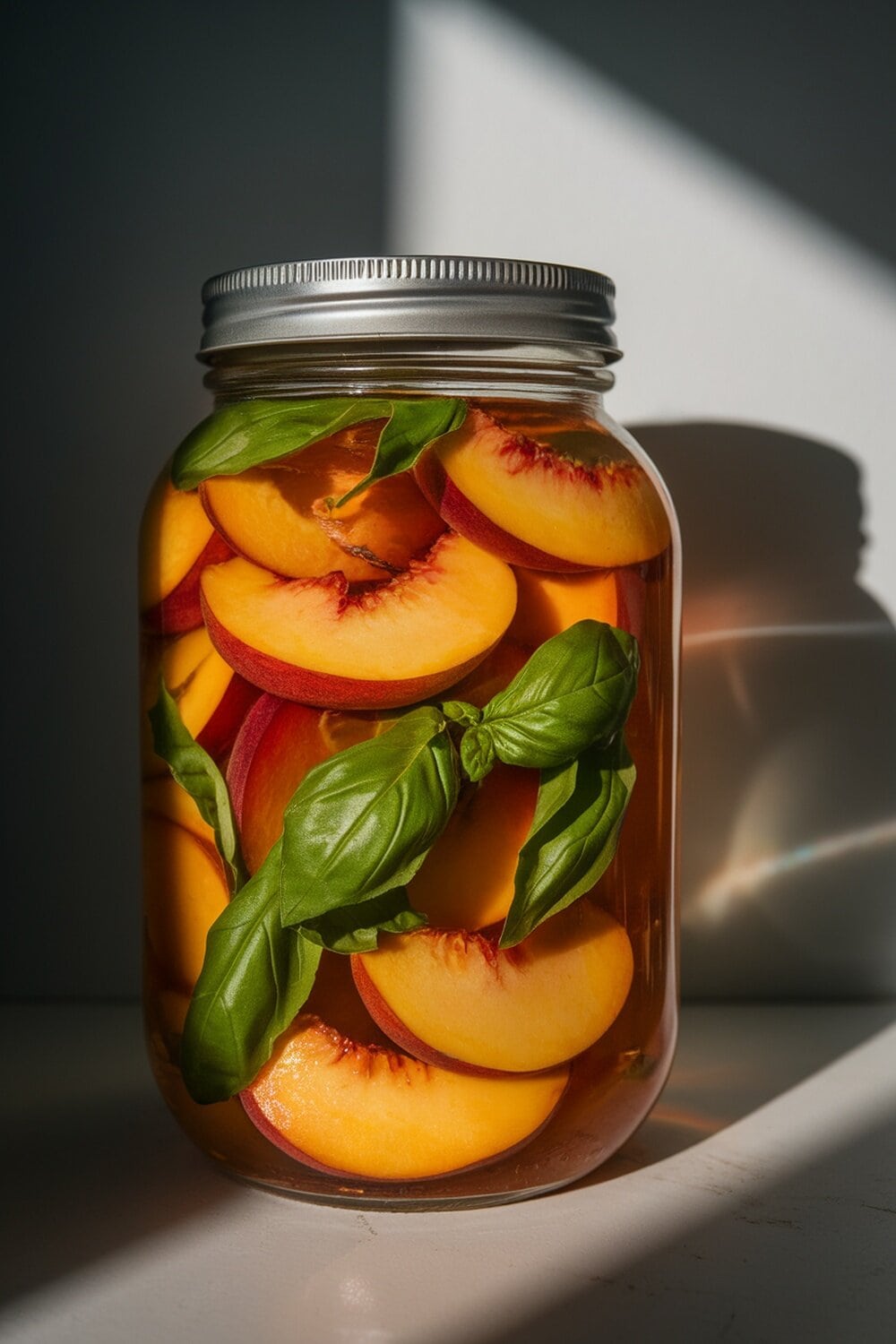 A jar filled with peach slices and basil leaves, creating a natural air freshener.