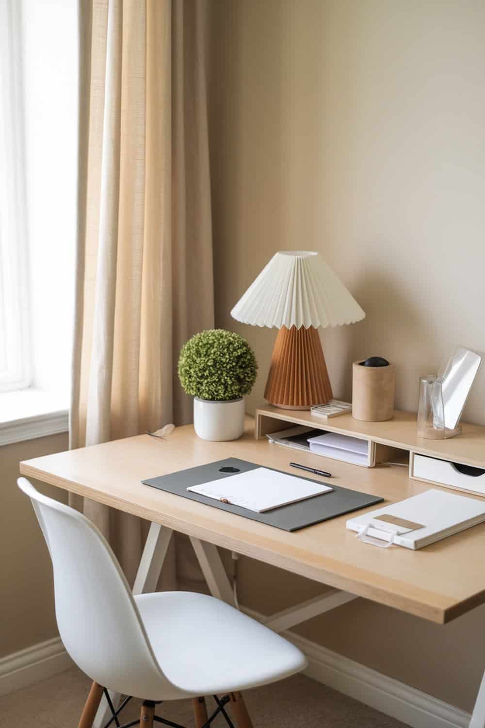 A neat and organized workspace with a wooden desk, a lamp, and a small plant.