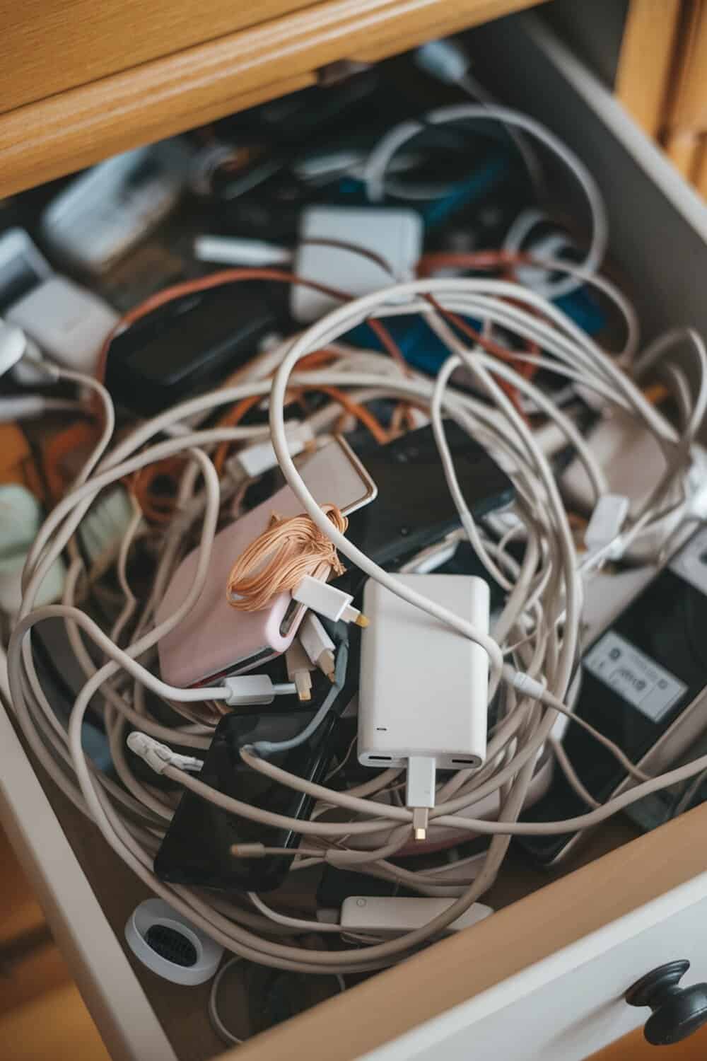 A cluttered drawer filled with tangled old phone chargers and cables.