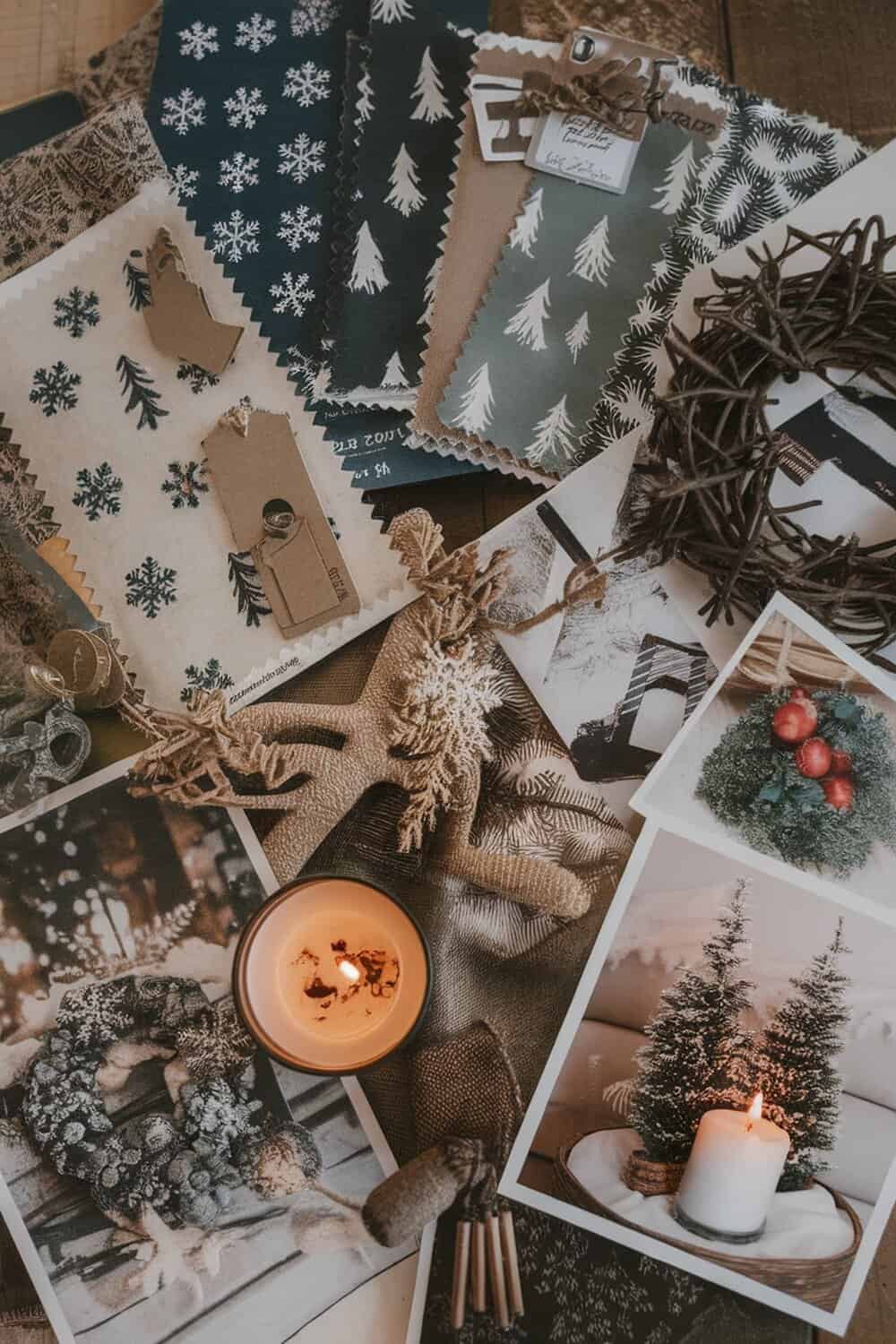 A collection of fabric swatches, photos, and decor items arranged on a table.