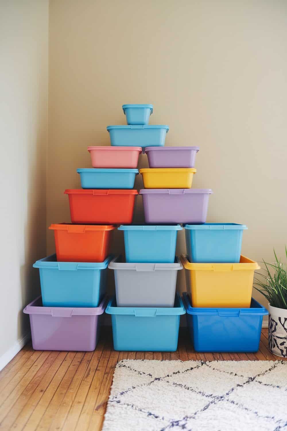 A stack of colorful storage bins arranged in a corner of a room.