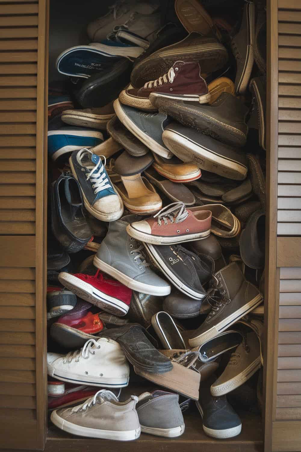 A cluttered closet filled with various old shoes stacked on top of each other.