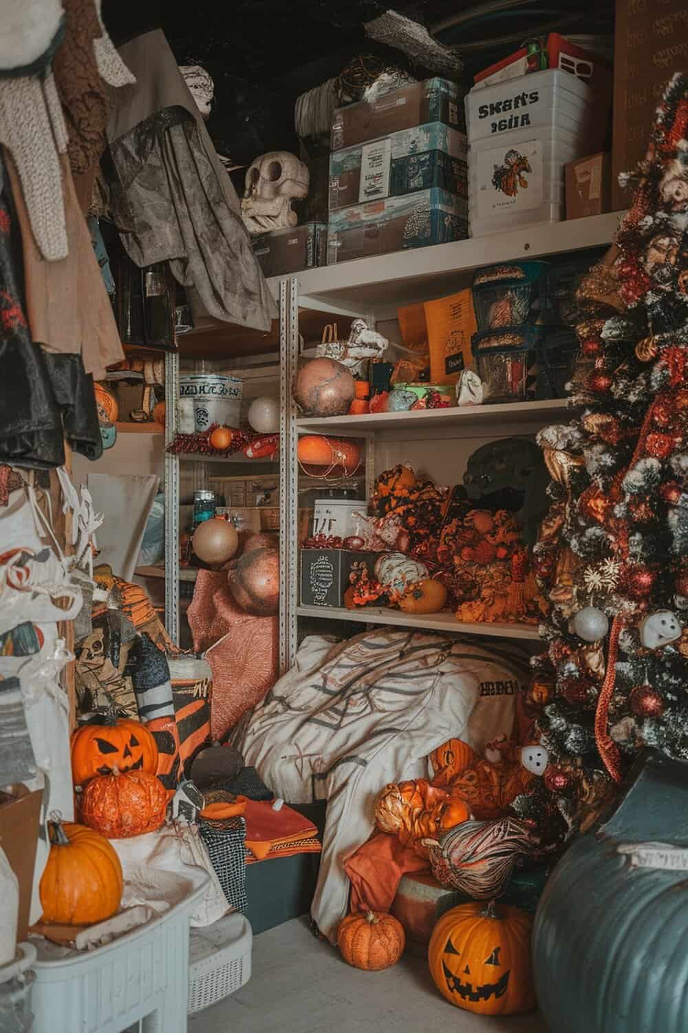 A cluttered storage area filled with seasonal decorations, including Halloween items and ornaments.