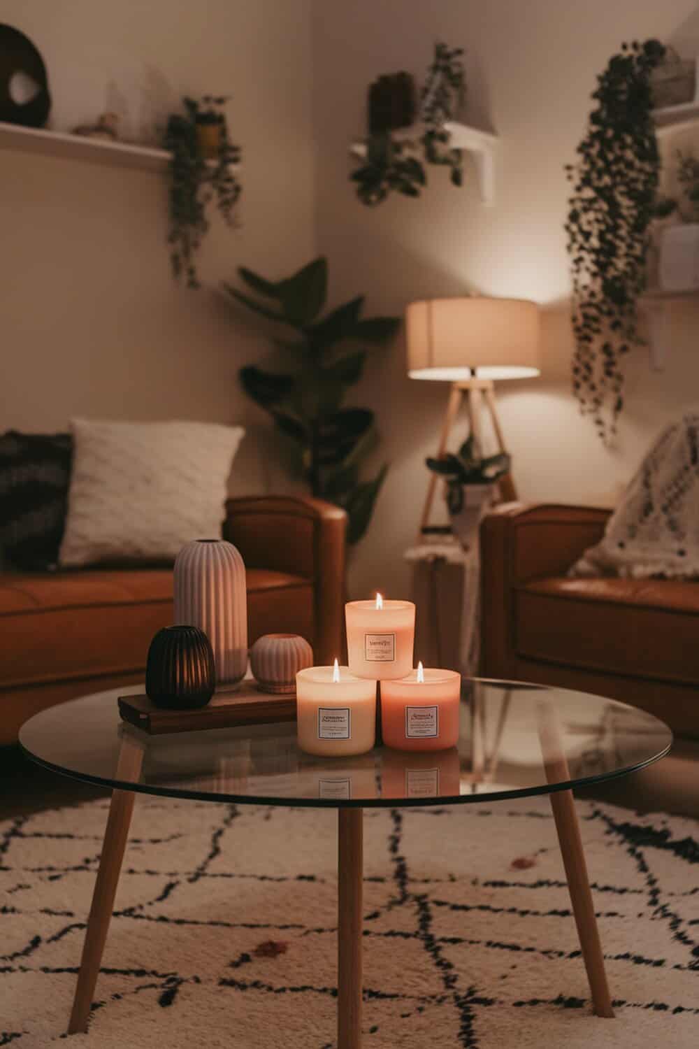A cozy living room setting with scented candles on a glass table.