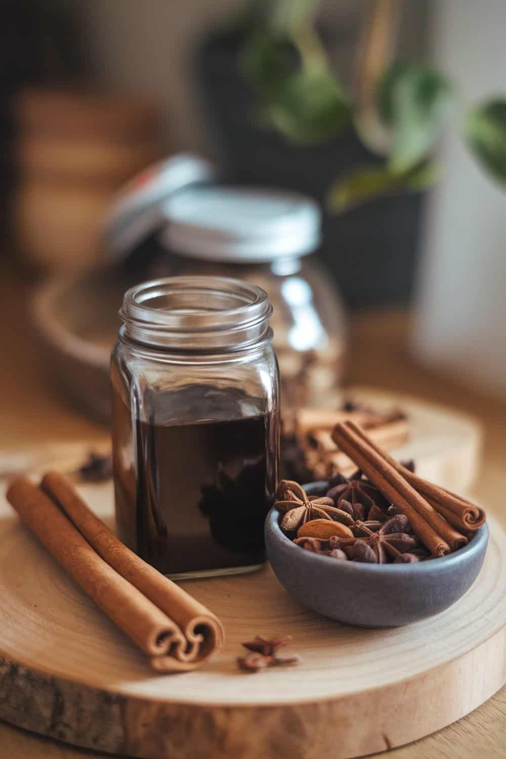 A jar of dark liquid with cinnamon sticks and star anise on a wooden surface.