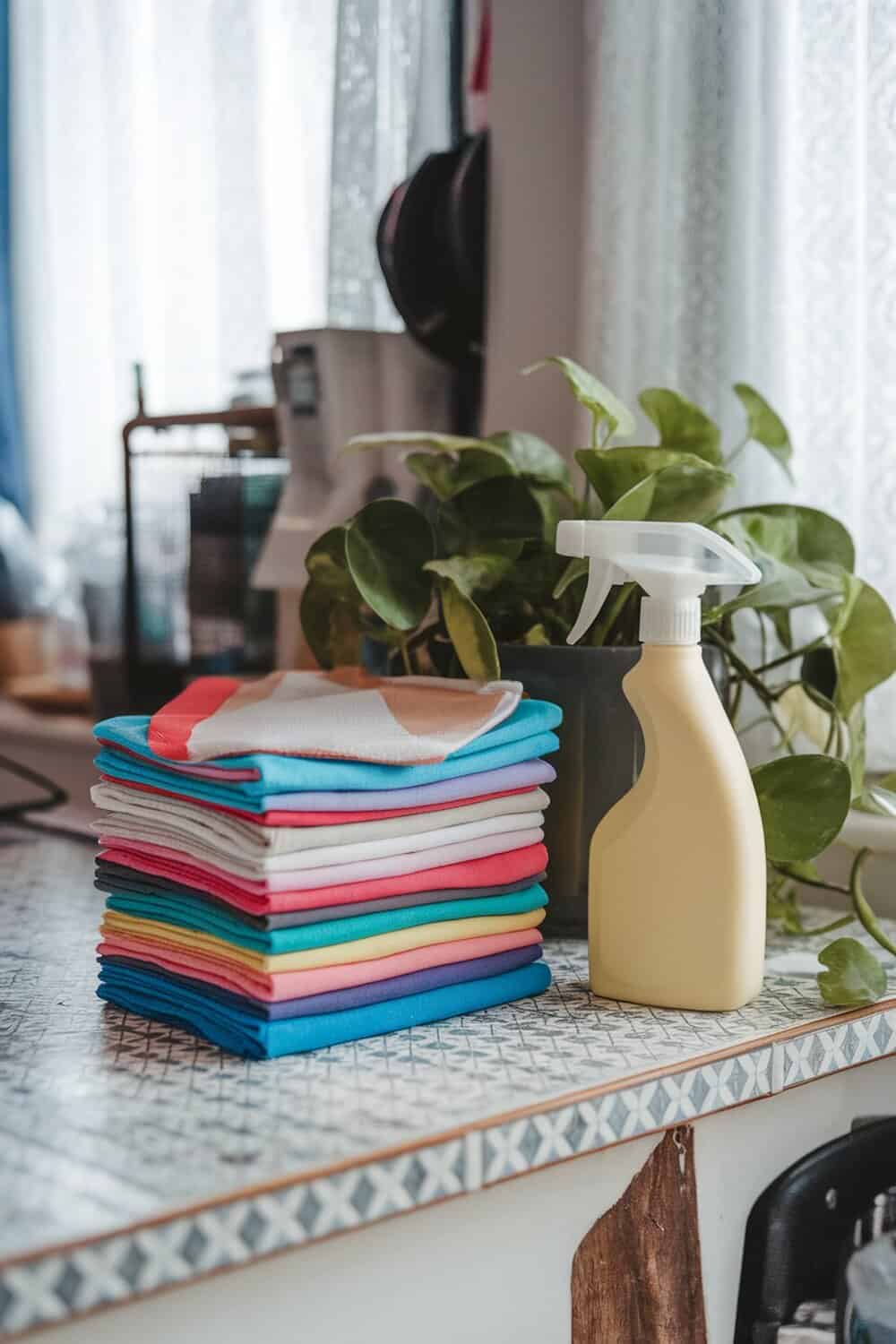 A stack of colorful reusable cleaning cloths next to a spray bottle on a countertop.