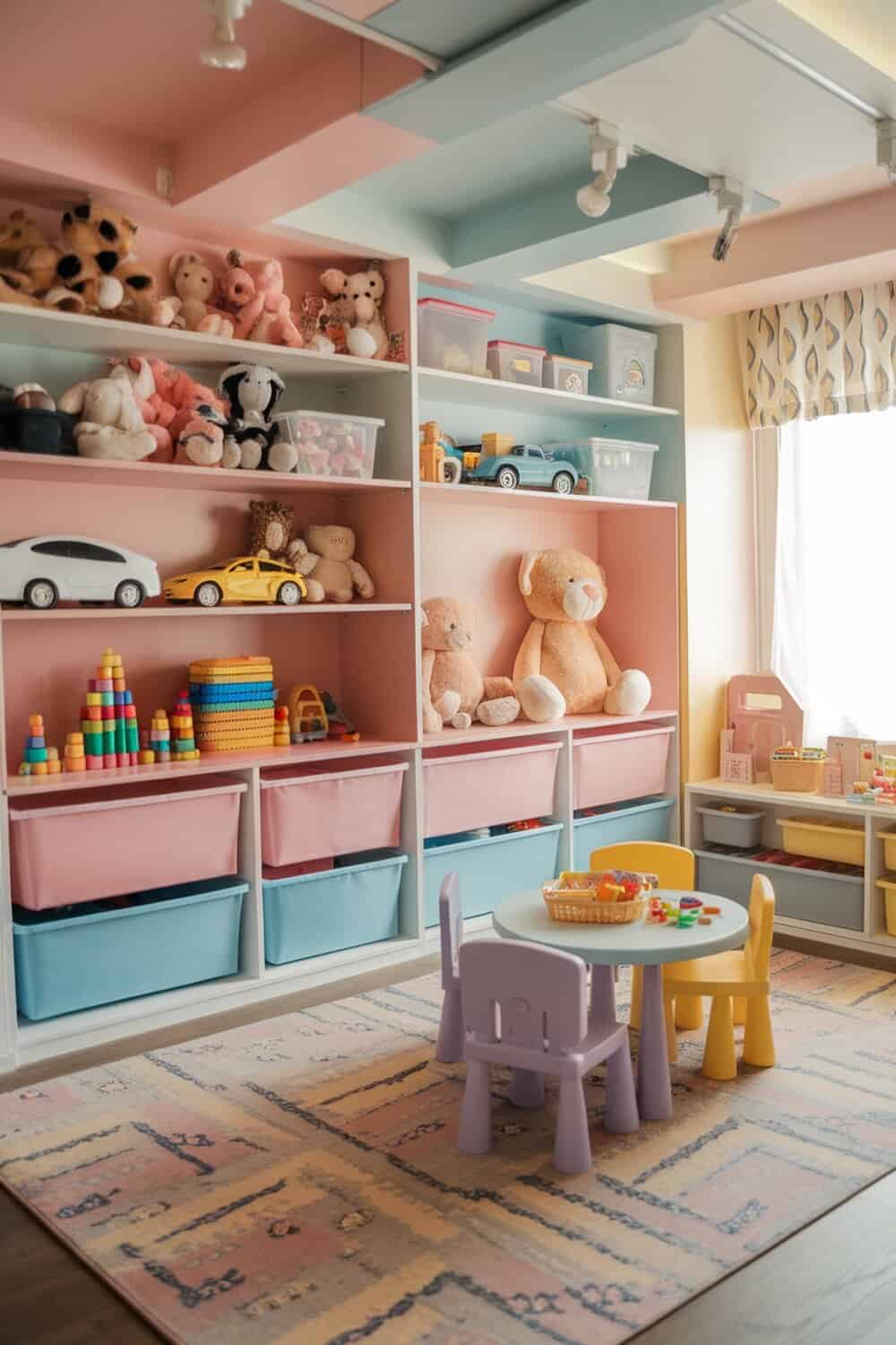 A colorful and organized kids' playroom with shelves and bins for toys.