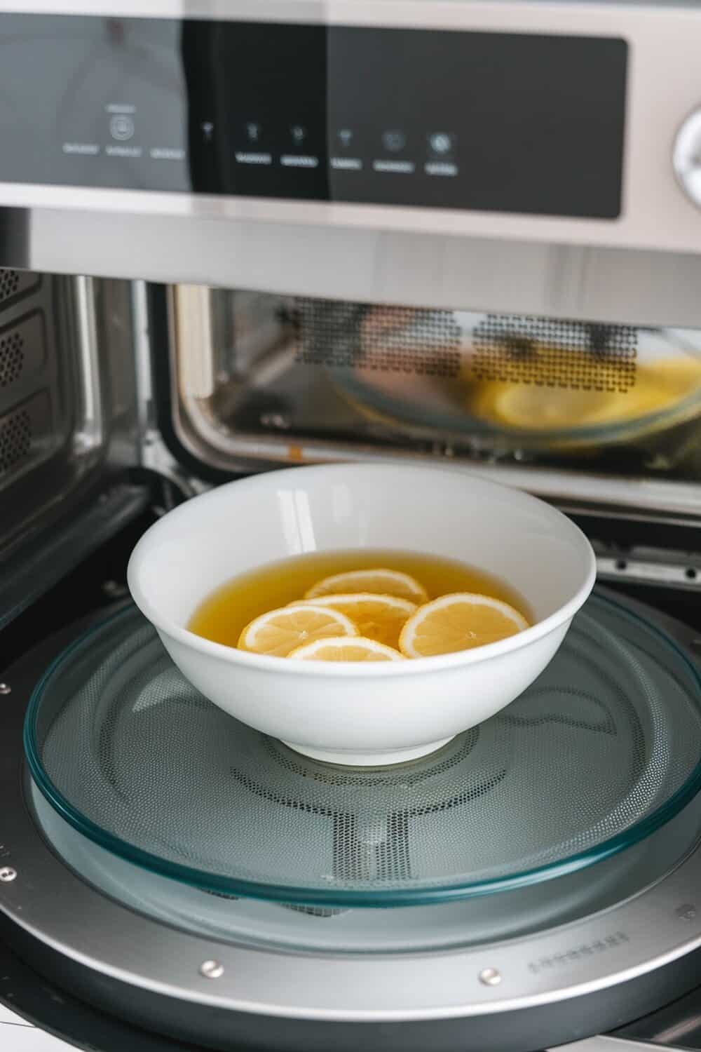 A bowl with lemon slices and olive oil inside a microwave.