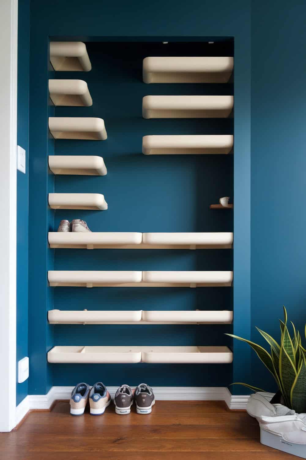 A modern wall-mounted shoe storage solution with beige shelves against a blue wall, featuring a few pairs of shoes and a plant.
