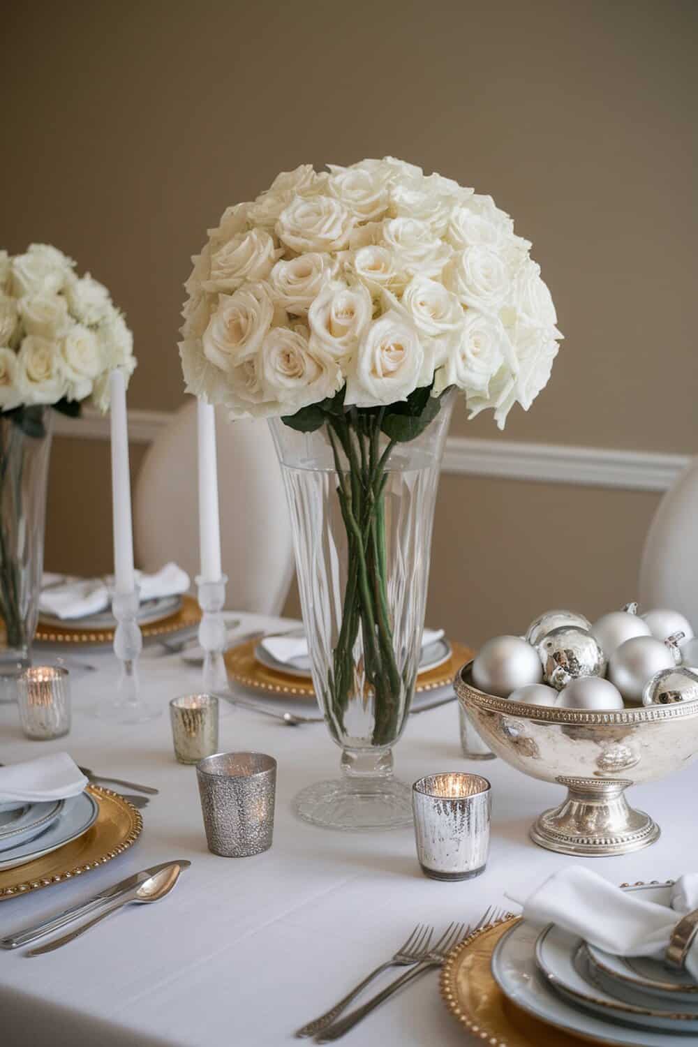 A beautifully set winter-themed dining table with white roses, silver accents, and candles.