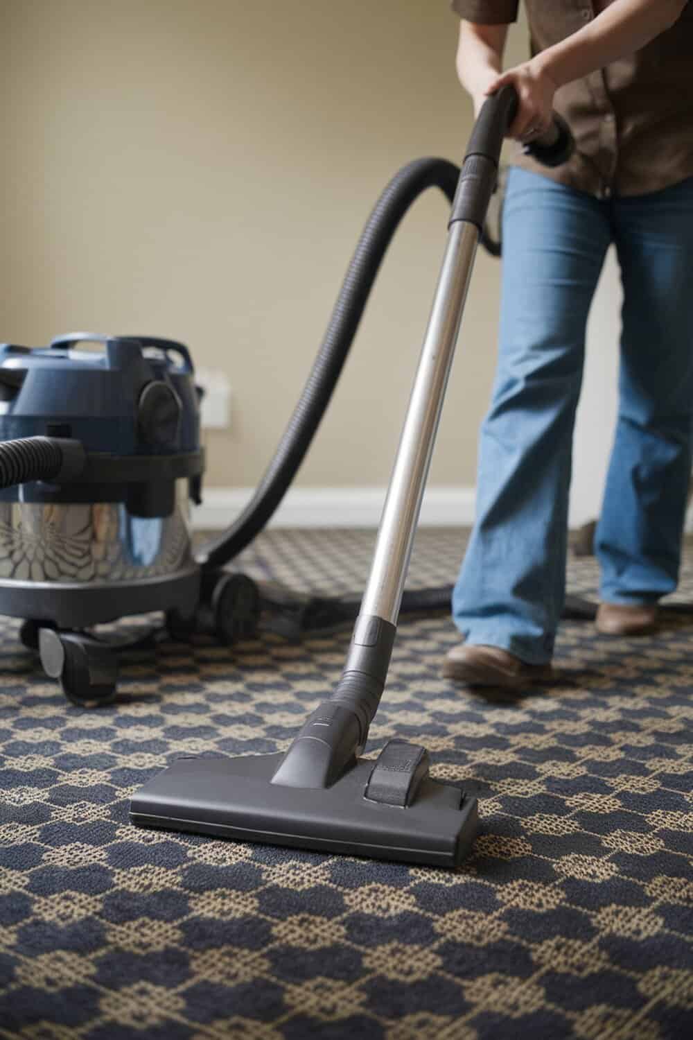 Person vacuuming a patterned carpet with a vacuum cleaner.