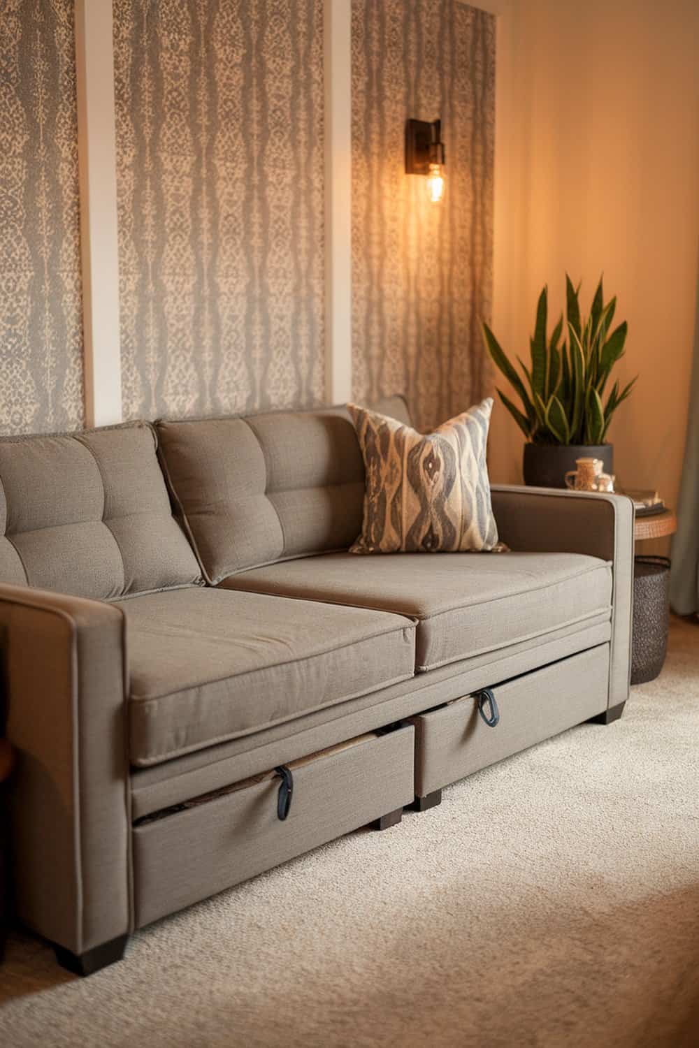 A cozy living room with a sofa that has hidden storage drawers underneath.