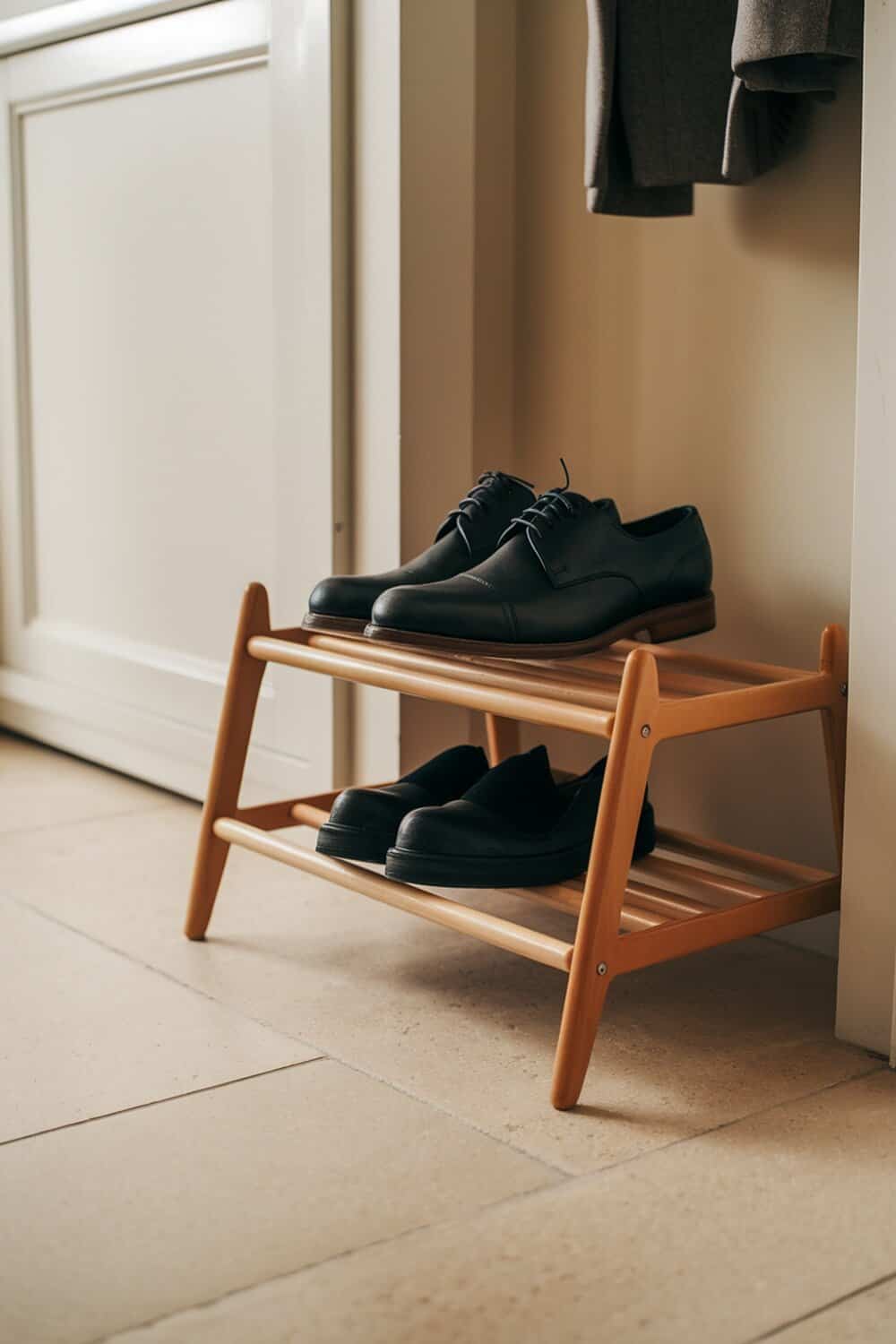 A wooden shoe rack with black shoes neatly arranged on it.