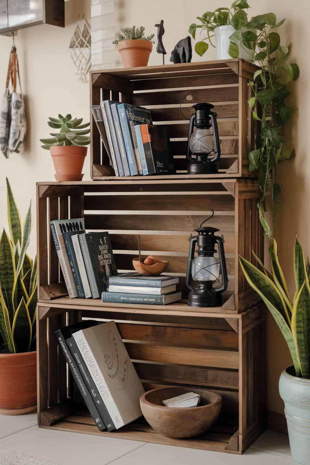 A wooden crate shelf displaying books, plants, and lanterns.