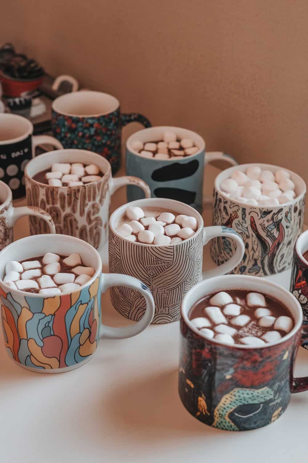 A collection of colorful mugs filled with hot chocolate and marshmallows.