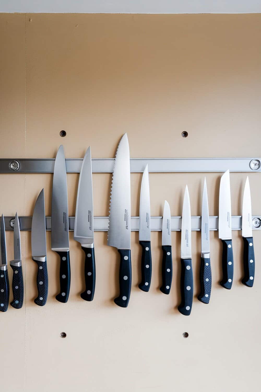 A row of kitchen knives neatly arranged on a magnetic strip against a wall.