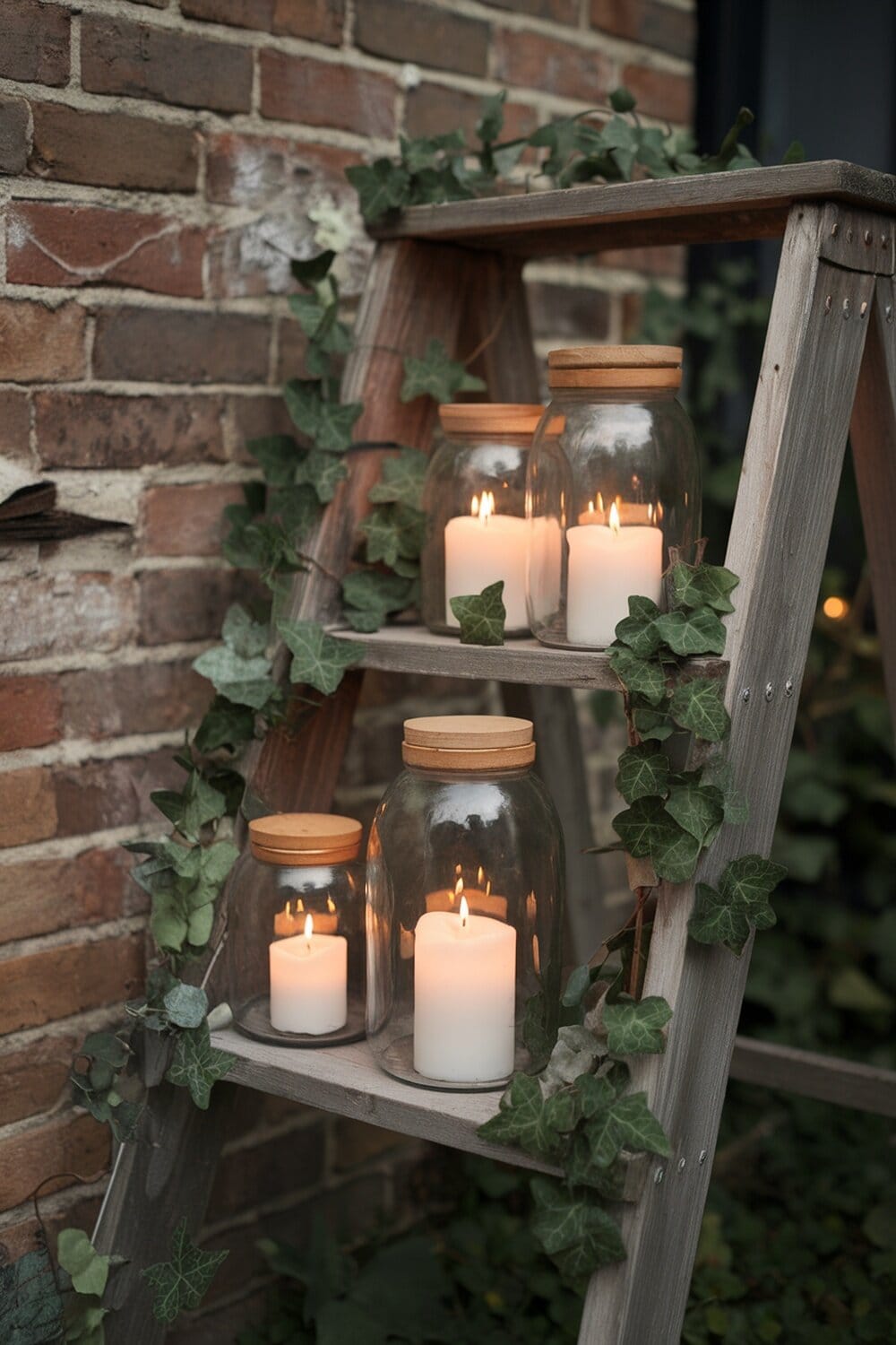 Upcycled glass jar lanterns on a wooden ladder with candles and ivy.