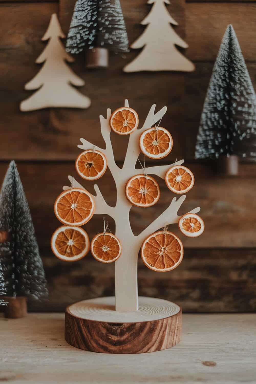 Dried orange slice ornaments hanging on a wooden tree decoration.