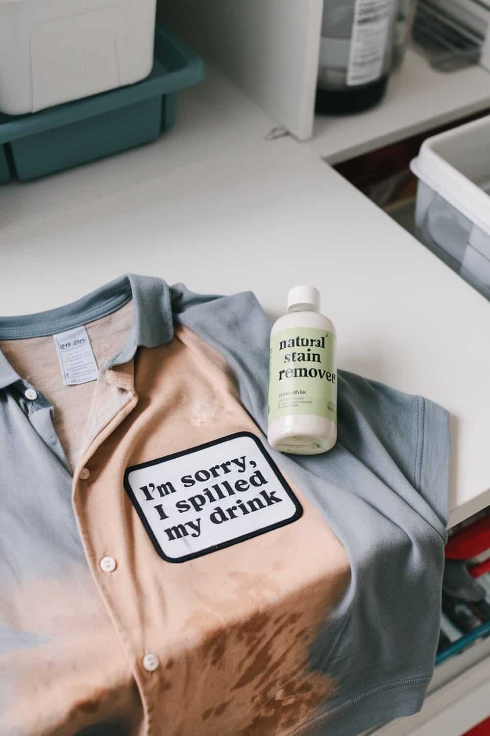 A shirt with a stain and a bottle of natural stain remover.